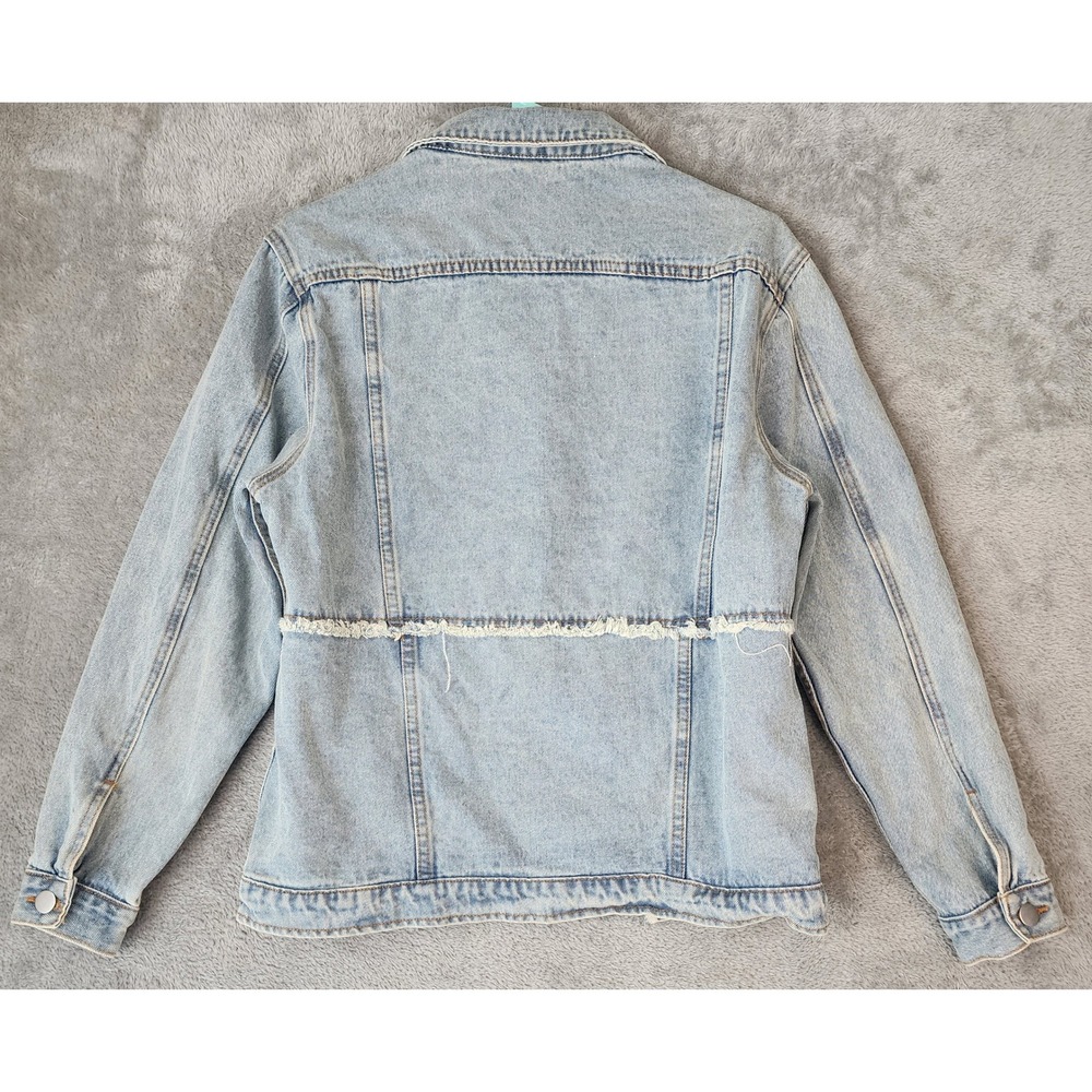 Polagram Jean Jacket Womens Small Light Wash Frayed Hem Denim Trucker Preppy - Picture 2 of 10